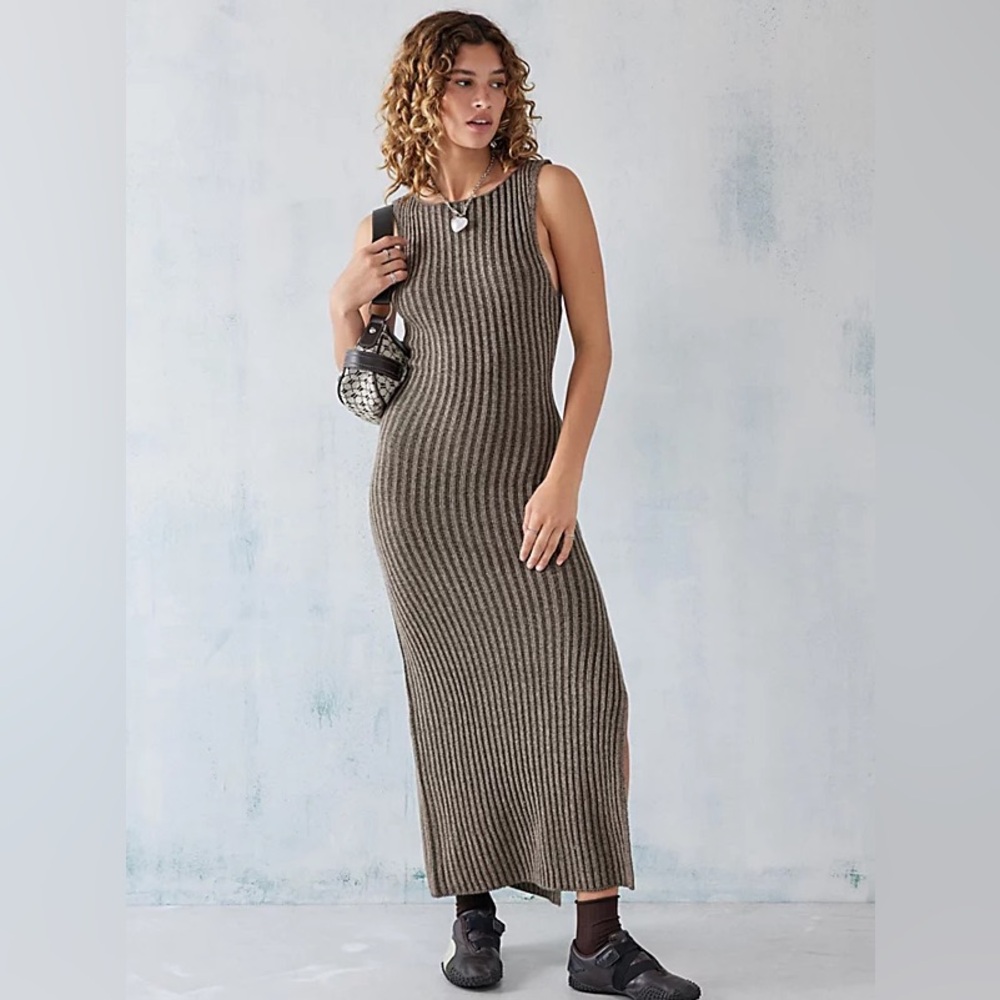UO Tate Ribbed Knit Column Maxi Dress in Taupe